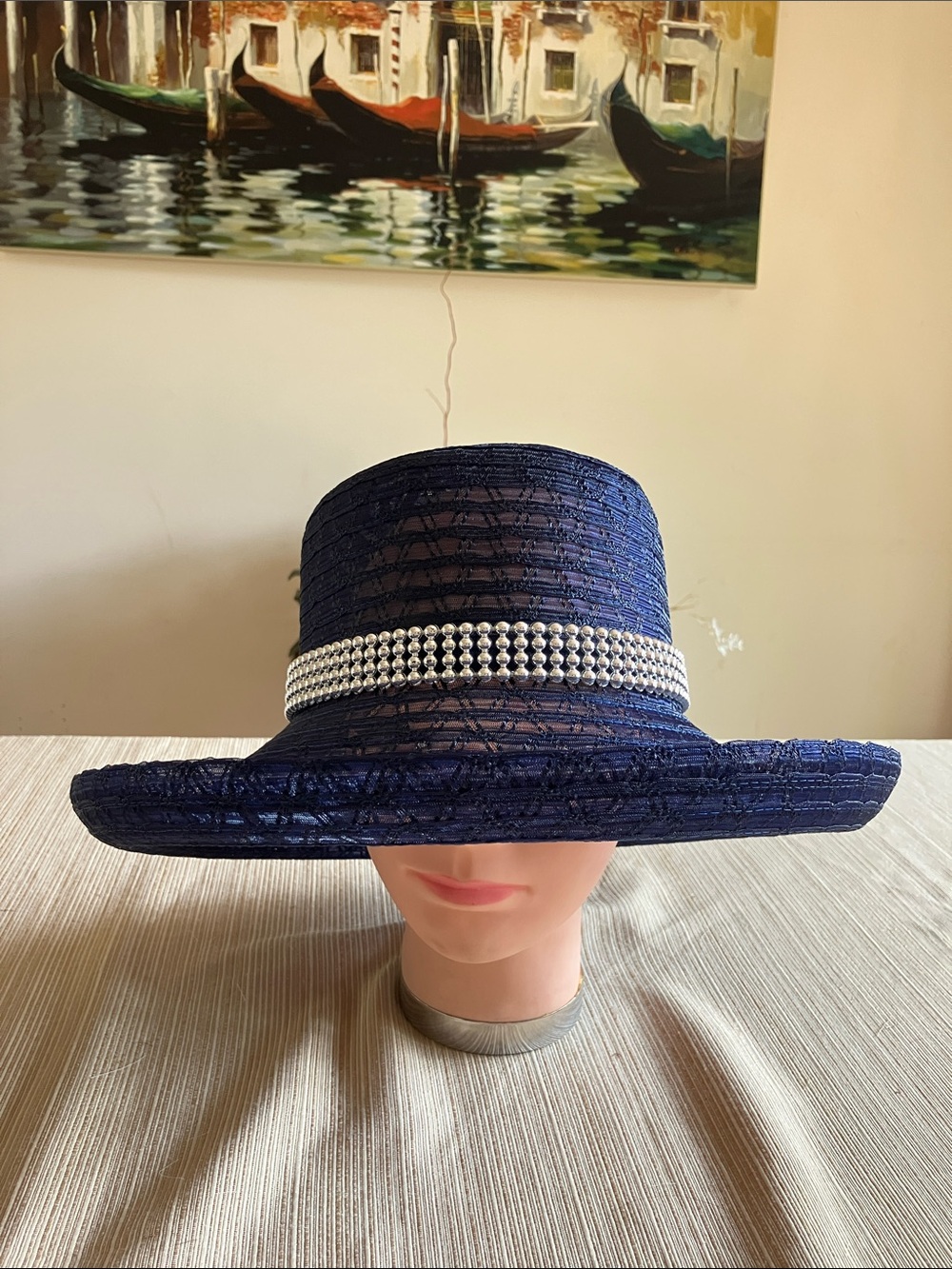 Elegant Navy Women's Wide-Brim Hat with Silver Beaded Band
